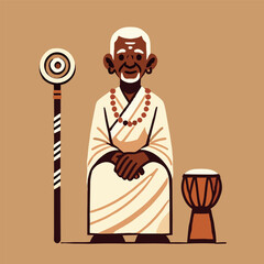 Flat illustration of an elderly tribal chief wearing a white robe with a drum and staff in a brown background