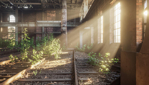 Nature Reclaims Abandoned Industrial Building with Sunlit Train Tracks