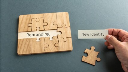 Puzzle pieces representing rebranding strategy with text 'New Identity' in hand symbolizing business transformation and growth.