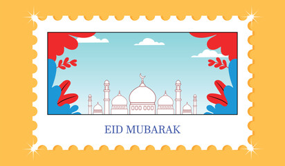 Festive Eid Mubarak postage stamp featuring a mosque and traditional Islamic design © Blank mind