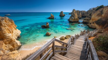 Turquoise waters and golden cliffs at camilo beach in algarve, portugal with wooden footbridge leading to the pristine sandy shore and panoramic ocean views in lagos