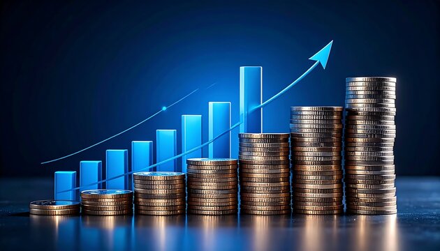 Stacks of coins are arranged to depict a financial concept of growth and profit with a blue upward trend arrow