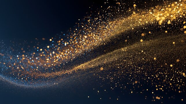 abstract flowing gold and blue glitter particle wave on dark background