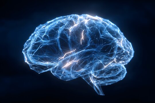 Digital 3D rendering of a glowing blue holographic brain with illuminated neural connections, symbolizing AI, technology, and cyber intelligence.
