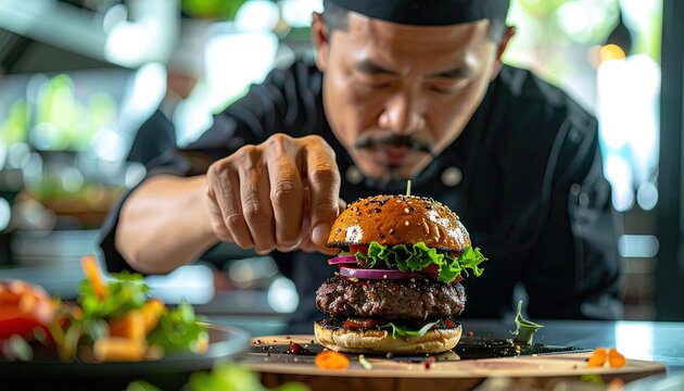 Chef meticulously arranging fresh ingredients on a gourmet burger in a modern kitchen setting with soft natural lighting illuminating the scene - Powered by Adobe