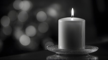 A single lit pillar candle on a glass plate glows softly in a dark room, with blurred bokeh lights in the background