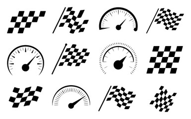 Naklejka premium Collection of checkered flags and speedometers, racing icons