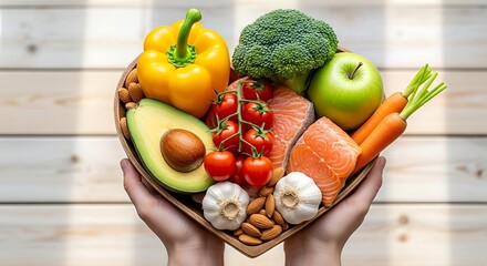 Hands holding a heart shaped bowl filled with healthy food representing a balanced diet and well being concept. Healthy eating with fresh and colorful foods.