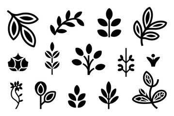 Collection of Stylized Black and White Botanical Icons and Silhouettes