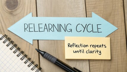 Relearning Cycle Concept with Reflection Note on Wood Background for Educational and Motivational Purposes