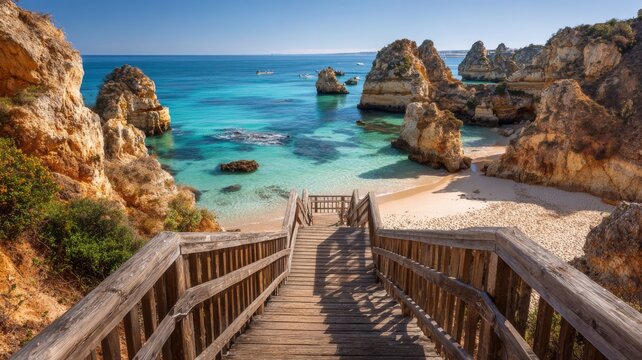 Turquoise waters and golden cliffs at camilo beach in algarve, portugal with wooden footbridge leading to the pristine sandy shore and panoramic ocean views in lagos