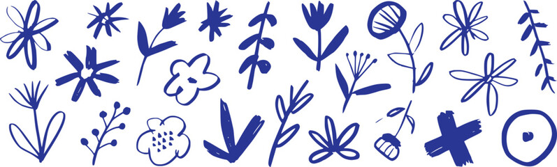 Hand-drawn Blue Floral and Abstract Shapes on White Background