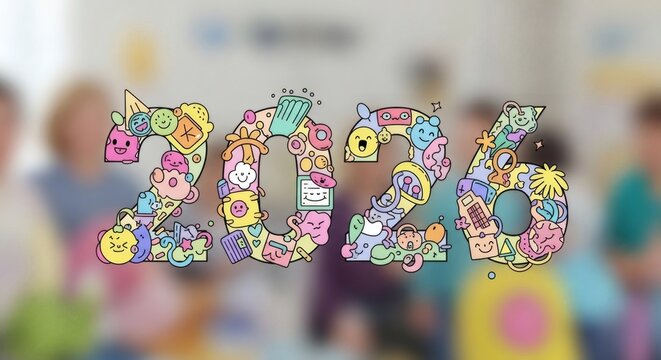 Stylized doodle art forming the number 2026, with a blurred background of people in a collaborative setting, representing creativity and future.