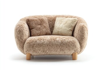 Beige, fluffy loveseat with pillows