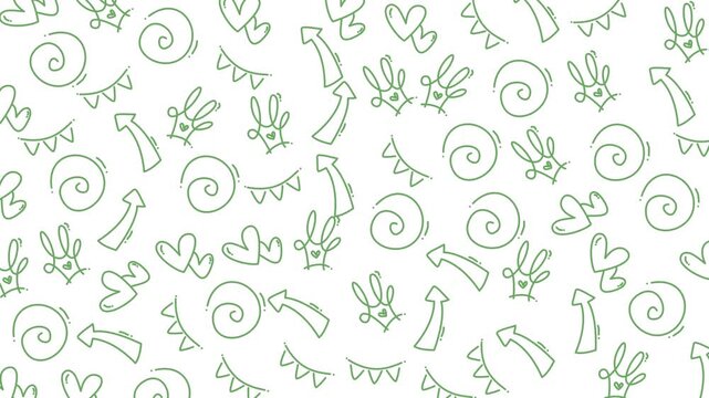 A seamless green doodle pattern featuring hearts, swirls, arrows, and leaves, perfect for creative backgrounds and decorative projects.