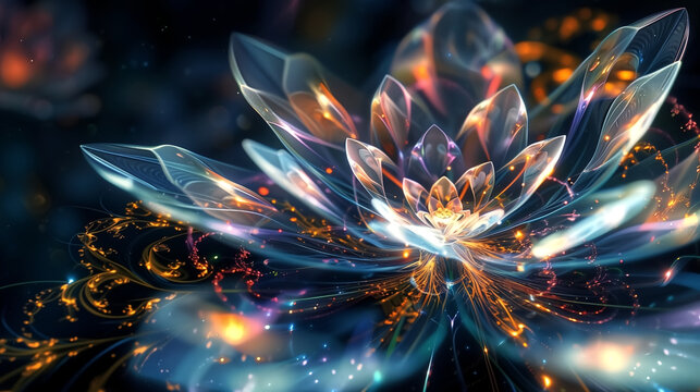 digital petals shimmering like holographic glass, fusion of natu