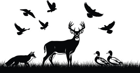 Wildlife silhouette scene with deer, fox, birds, ducks and grass in natural forest setting for nature and animal vector themes