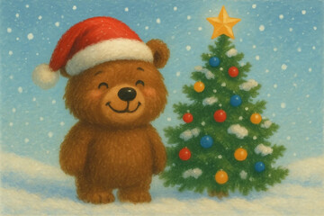 Cute Christmas teddy bear holding a festive gift beside a decorated tree