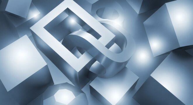 Abstract 3D rendering of a silver paragraph symbol among metallic cubes on a blue background.