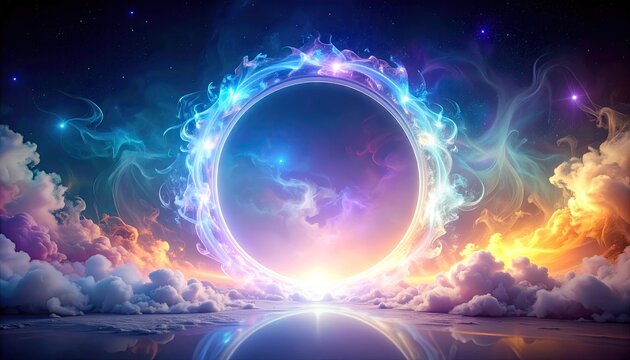 Cosmic Portal Swirling With Nebulae And Clouds Under Starlit Sky