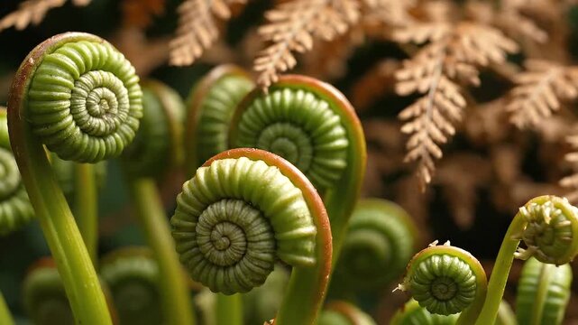 Close-up of vibrant green fiddlehead ferns unfurling in a lush forest setting.