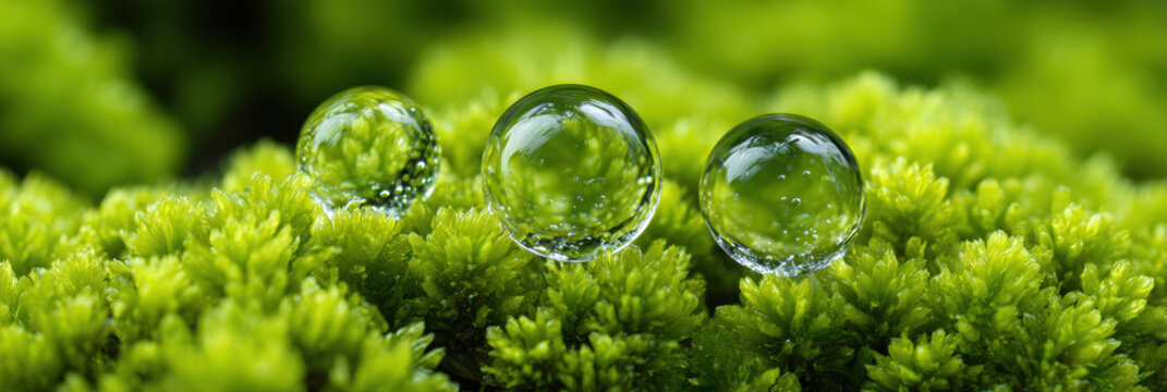 Serene macro shot of fresh dewdrop forming perfect sphere. Clean pure water on vibrant green moss shows beauty of nature and provides feeling of calm