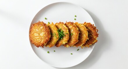 Fototapeta premium Potato latkes on a white plate, garnished with chives.