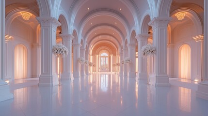 Opulent wedding hall with tall arched ceilings adorned in pure white and bathed in soft light featuring grand columns and majestic arches.