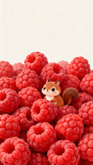 An illustration of a cute squirrel amidst a pile of raspberries.