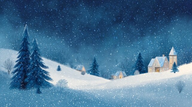 Magical christmas winter landscape with snow-covered trees, twinkling lights, and festive holiday atmosphere for merry christmas and happy new year greeting card