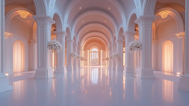 Opulent wedding hall with tall arched ceilings adorned in pure white and bathed in soft light featuring grand columns and majestic arches. - Powered by Adobe