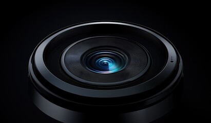 Extreme close-up of camera lens on black background with black matte finish and visible focus point in the center.