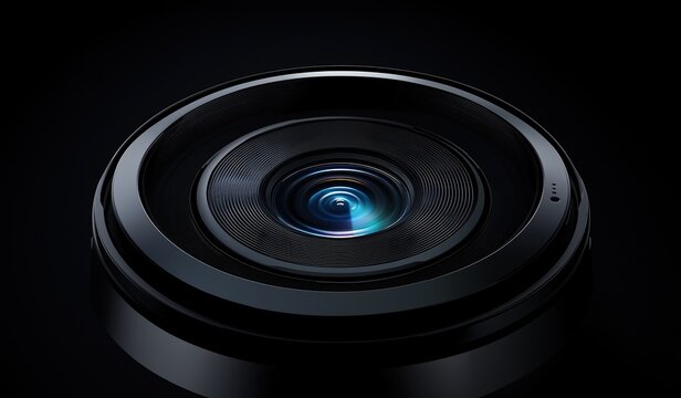 Extreme close-up of camera lens on black background with black matte finish and visible focus point in the center. - Powered by Adobe