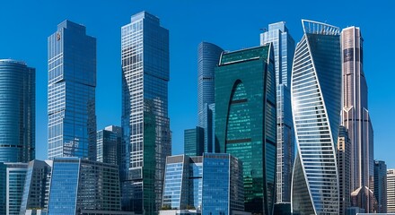 Fototapeta premium Modern Skyscrapers in a Vibrant Cityscape Against a Clear Blue Sky.