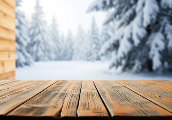 Empty wooden table with snowy forest background