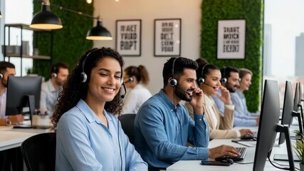 Smiling Diverse Customer Service Team Working with Headsets and Computers in a Modern Call Center Office - Powered by Adobe