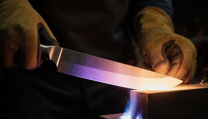Crafting a masterful knife with skillful hands and glowing forge in a workshop scene Generative AI