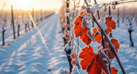 Frost-covered vineyard in winter at sunrise