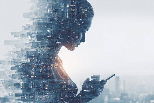 Mobile Connectivity and Digital Disruption: Double Exposure of a Woman Using a Smartphone with Cityscape and Glitch Effect. - Powered by Adobe