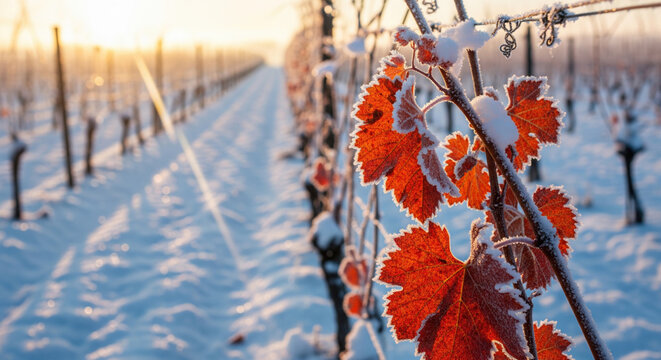 Frost-covered vineyard in winter at sunrise