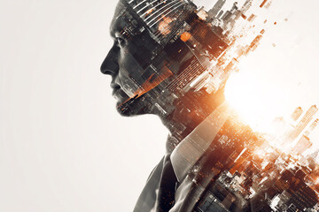 Corporate Strategy and Global Business: Silhouette of a Man Integrated with Cityscape and Multiple Business Figures.