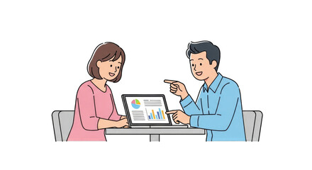 Man and woman discussing data on laptop together.