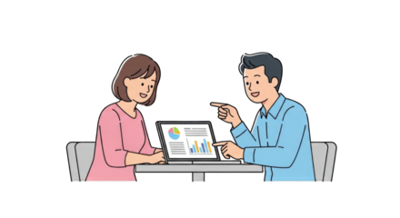 Man and woman discussing data on laptop together.