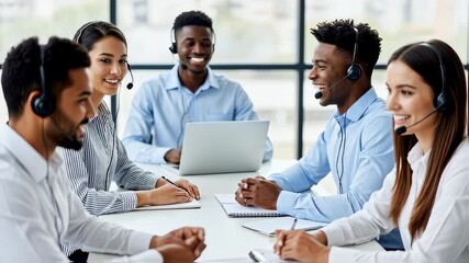 Diverse Call Center Team Wearing Headsets Collaborating in Modern Office Meeting - Powered by Adobe