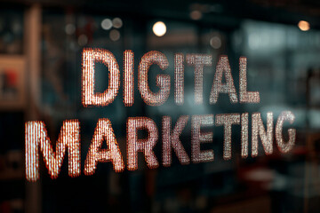 Digital Marketing Strategy and Online Advertising: Text Overlay on a Blurry Nighttime or Urban Background.