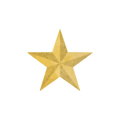 A shiny golden five-pointed star with a textured, metallic appearance, centered on a white background. The star has a subtle glitter effect, giving it a decorative and elegant look.