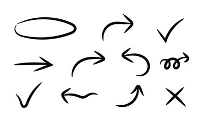 Hand drawn arrows, check marks and circle isolated on
