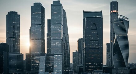 Obraz premium Skyscrapers in Moscow International Business Center at sunset.