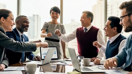 Diverse Business Team Doing Fist Bumps, Celebrating Success in Office Meeting - Powered by Adobe