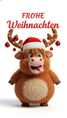 Fototapeta premium Frohe Weihnachten Grußkarte Postkarte Karte, Illustration mit Text – Lustiges schottische Hochlandrinder mit Weihnachtsmütze oder Nikolausmütze, isoliert auf weissem Hintergrund, Christmas / Holiday 